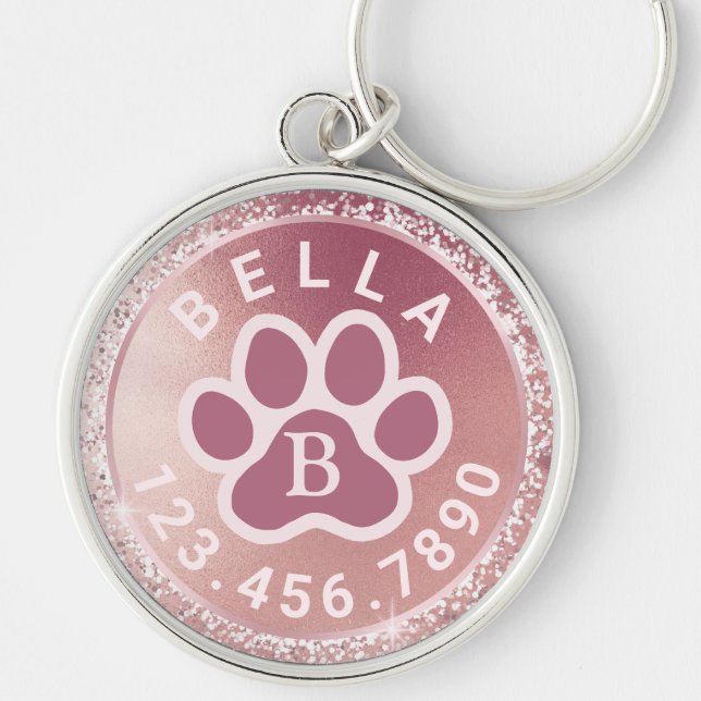 Monogramm Name und Telefon | Rose Gold Round Pet T Schlüsselanhänger (Vorne)