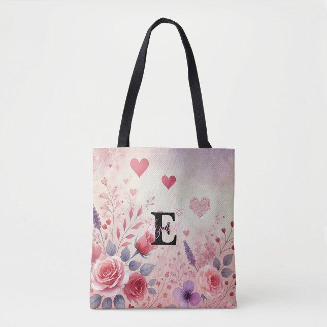 Monogramm Name Valentinherzen Blütenfarbe Tasche (Vorderseite)