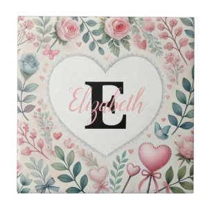 Monogramm-Name Vintage-Herzen Blumen-Aquarell Fliese