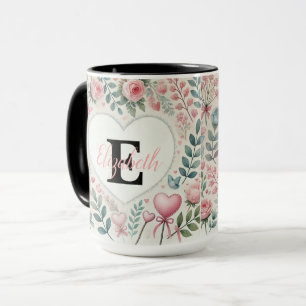 Monogramm-Name Vintage-Herzen Blumenaquarell Tasse