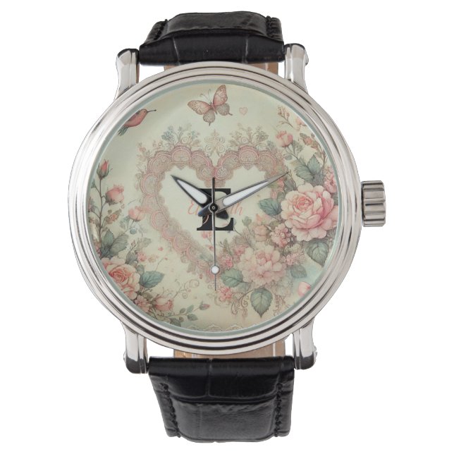 Monogramm Name Vintage Herzen Blumenaquarine Armbanduhr (Vorderseite)