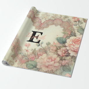 Monogramm-Name Vintage-Herzen Floral Wasserfarbe Geschenkpapier