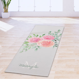 Monogramm Name Wasserfarbe Floral Grau Yogamatte