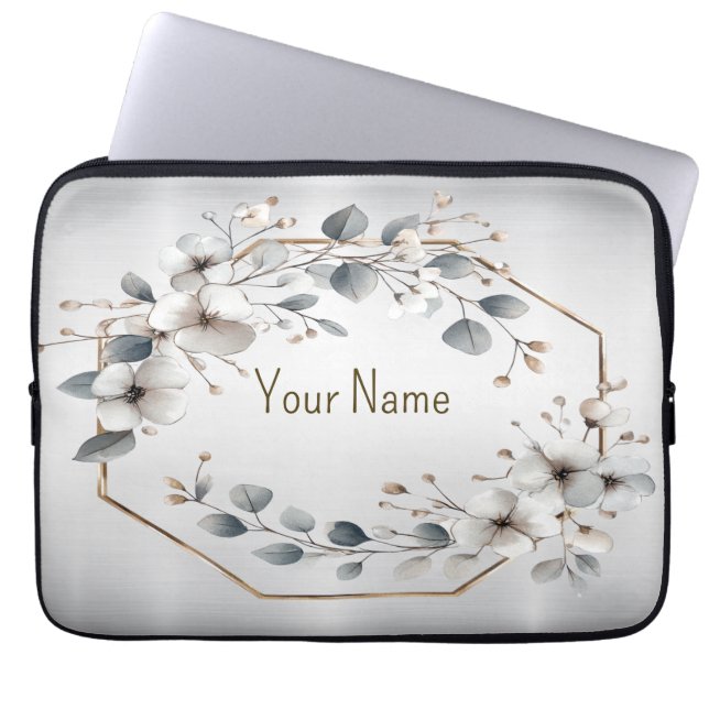 Monogramm Name Wasserfarbe Weißer Blume Goldener R Laptopschutzhülle (Vorderseite)