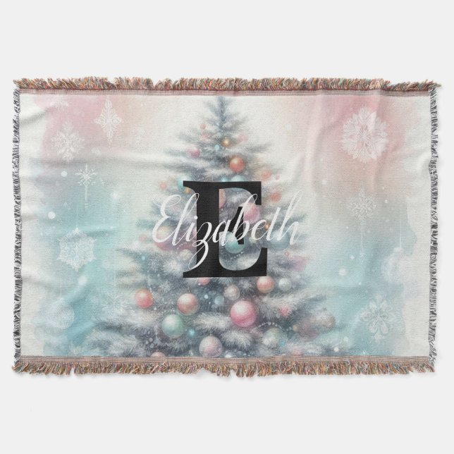 Monogramm Name Weihnachtsbaum florale Aquarell Decke (Vorderseite)