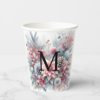 Monogramm-Name Weihnachtsflorales Pastell-Wasserfa Pappbecher