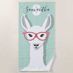 Monogramm Name White Green Lama Flamingo Brille Strandtuch