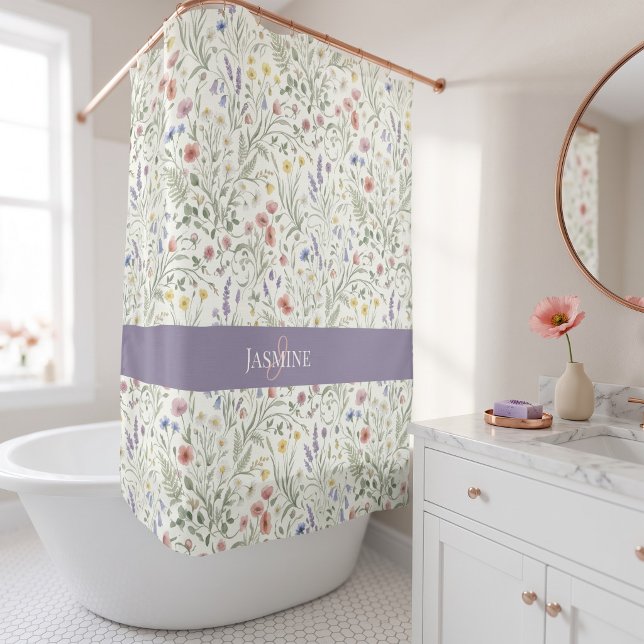 Monogramm Name Wildblume Boho Lavendel Mohnblumen Duschvorhang (Von Creator hochgeladen)