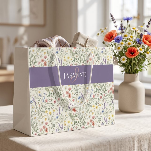 Monogramm Name Wildblume Boho Lavendel Mohnblumen Große Geschenktüte (Von Creator hochgeladen)