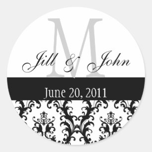 Monogramm Namen Datum Damast Hochzeit Grau Schwarz Runder Aufkleber