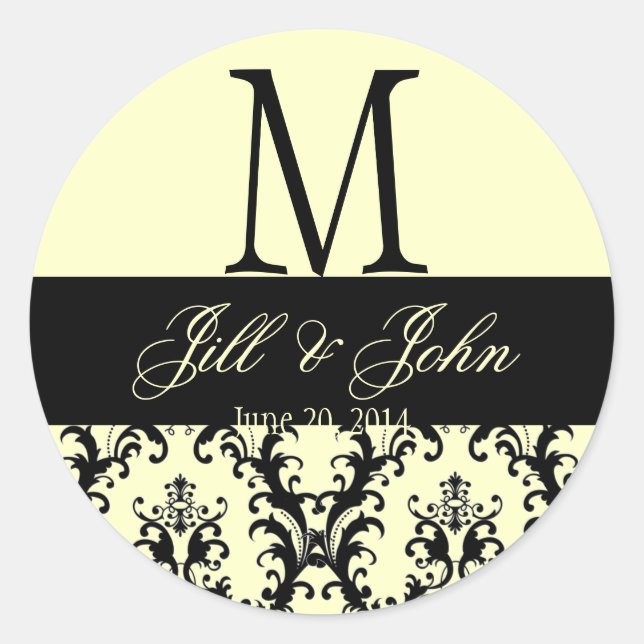 Monogramm-Namen Hochzeitdatum Damaske ElfenbeinSie Runder Aufkleber (Vorderseite)