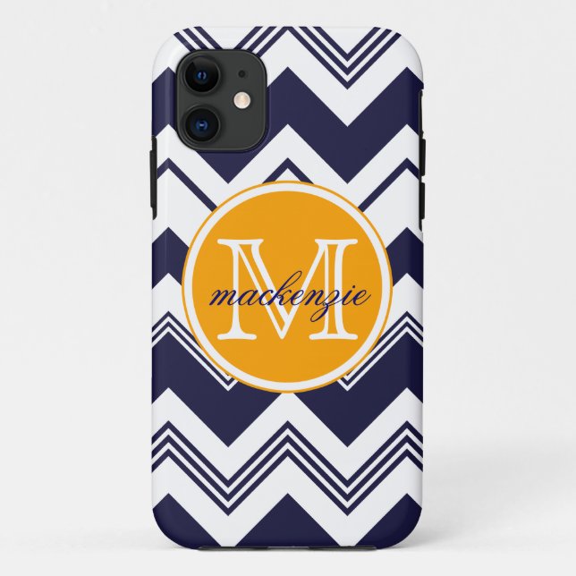 Monogramm-Namensmarine-Blau-weißes Zickzack Muster Case-Mate iPhone Hülle (Rückseite)
