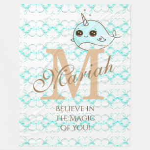 Monogramm Narwhal Fleece-Decken-Blau-Blasen Fleecedecke