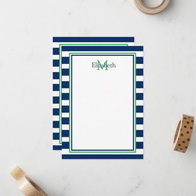Monogramm Nautic Navy Blue und Green Strip Mitteilungskarte (Vorderseite/Rückseite Beispiel)