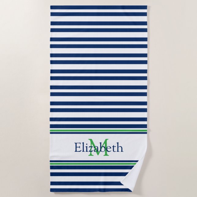 Monogramm Nautic Navy Blue und Green Strip Strandtuch (Vorderseite)