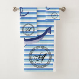 Monogramm nautischer blauer Anker auf blauen Strei Badhandtuch Set