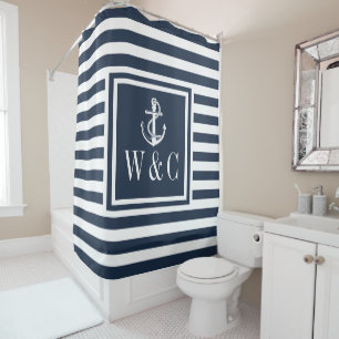 Monogramm Navy Blau Gestreiftes Schiffsanker Desig Duschvorhang