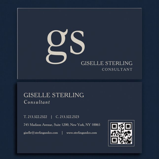 Monogramm Navy Blau QR Code Professional Visitenkarte (Von Creator hochgeladen)