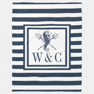 Monogramm Navy Blau Streifen Maritim Seepferdchen Fleecedecke