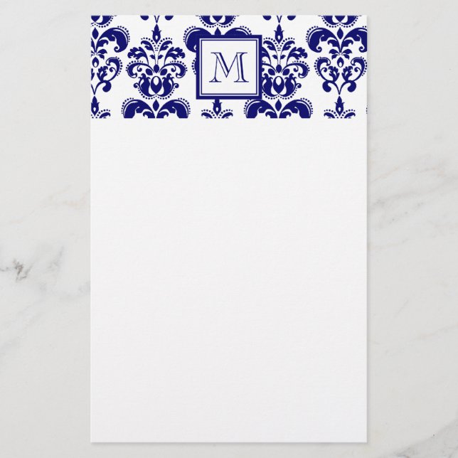 Monogramm, Navy Blue Damask Muster 2 Briefpapier (Vorderseite)