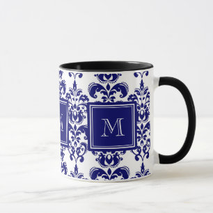 Monogramm, Navy Blue Damask Muster 2 Tasse