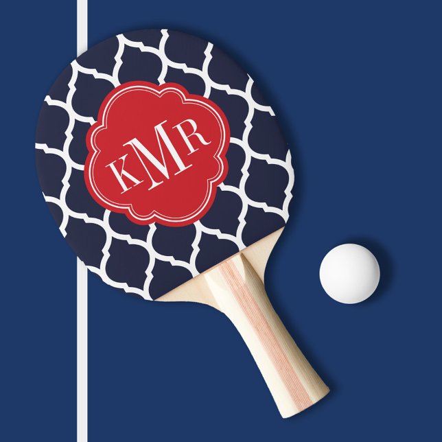 Monogramm Navy Blue/Red marokkanische Quatrefolie Tischtennis Schläger (Von Creator hochgeladen)