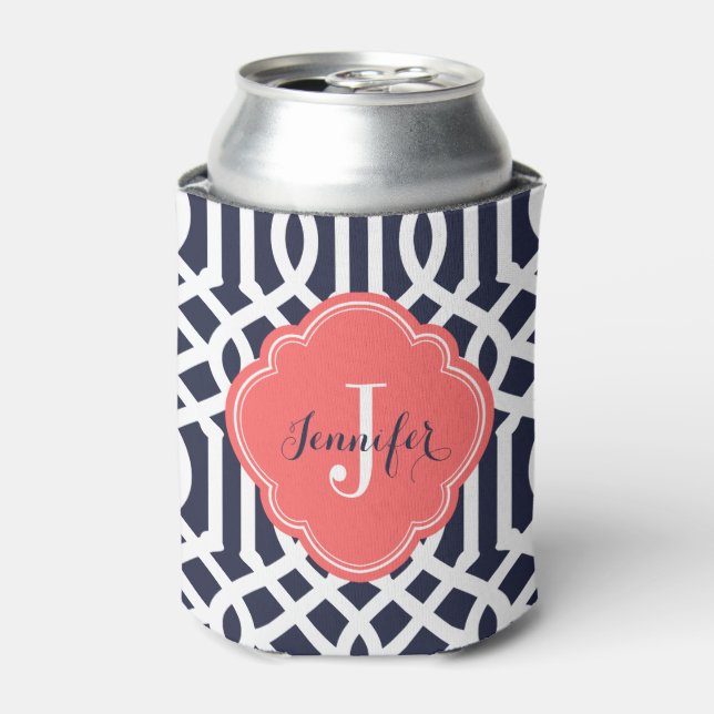 Monogramm Navy Blue und Coral Trellis Dosenkühler (Kanne Vorderseite)