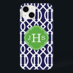Monogramm Navy Blue und Green Modern Trellis Case-Mate iPhone Hülle<br><div class="desc">Niedliches Girly Trendy Chic Stilvolle Preppy Geometric Modern Trellis Muster. Fügen Sie Ihre benutzerdefinierten personalisierten Monogramm-Initialen oder Ihren Namen hinzu. Klicken Sie auf die Schaltfläche Anpassen,  um Schriftart und Farben für ein einzigartiges Einzeldesign zu ändern.</div>