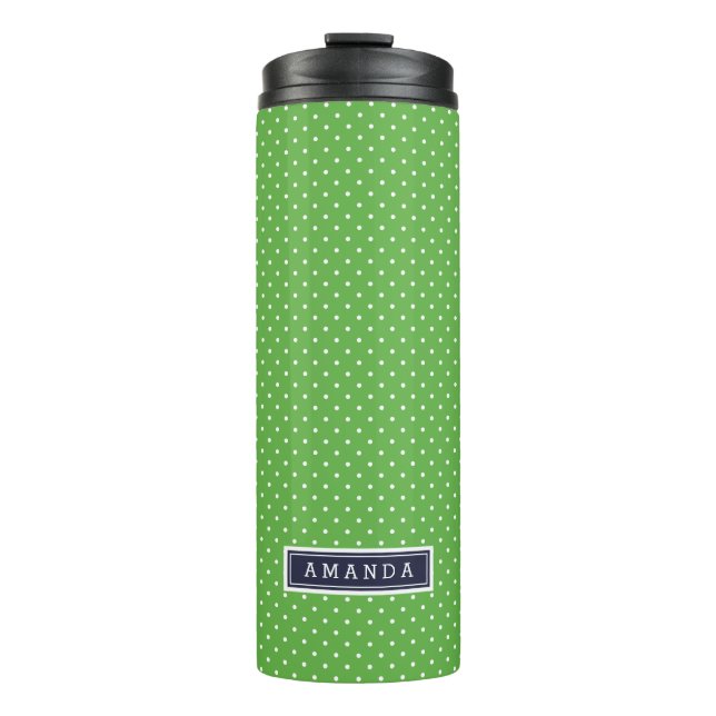 Monogramm Navy Blue und Green Tiny Dots Thermosbecher (Vorderseite)
