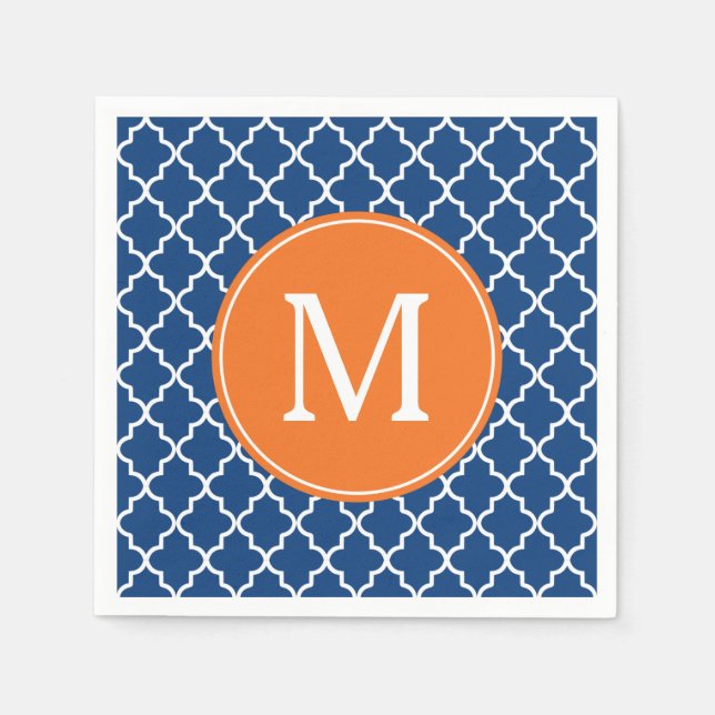 Monogramm Navy Blue und Orange Quatrefoil Serviette (Vorderseite)