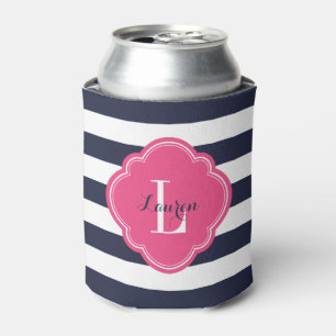Monogramm Navy Blue und Pink Preppy Strips Dosenkühler