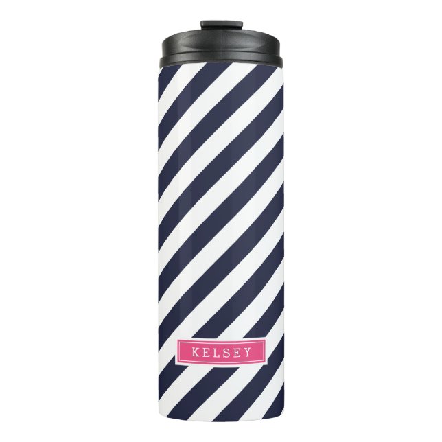 Monogramm Navy Blue und Pink Preppy Strips Thermosbecher (Vorderseite)