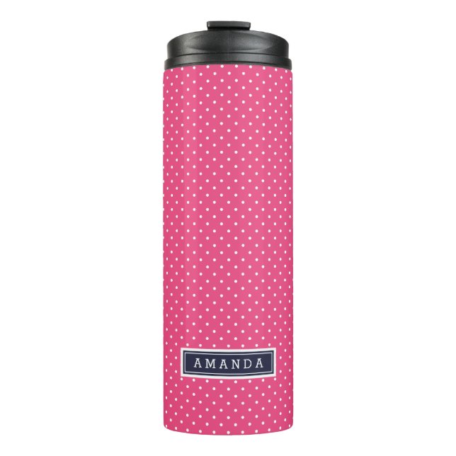 Monogramm Navy Blue und Pink Tiny Dots Thermosbecher (Vorderseite)