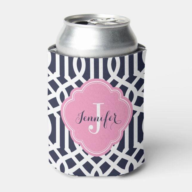 Monogramm Navy Blue und Pink Trellis Dosenkühler (Kanne Vorderseite)
