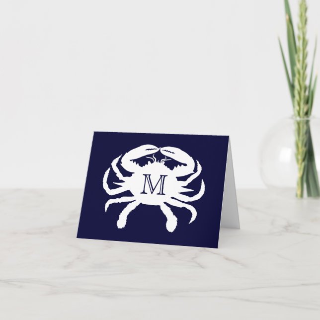 Monogramm Navy Blue und White Crab Dankeskarte (Vorderseite)