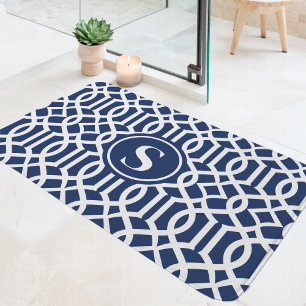 Monogramm Navy Blue und White Trellis Badematte