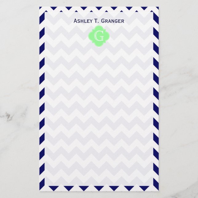 Monogramm Navy White Zickzack Minze Green Quatrefo Briefpapier (Vorderseite)