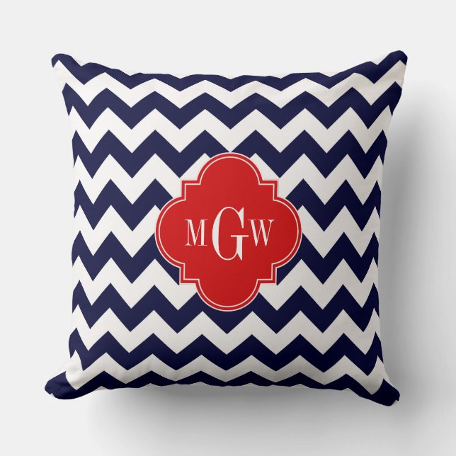 Monogramm Navy White Zickzack Red Quatrefoil 3 Kissen (Vorderseite)