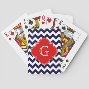 Monogramm Navy White Zickzack Red Quatrefoil Spielkarten