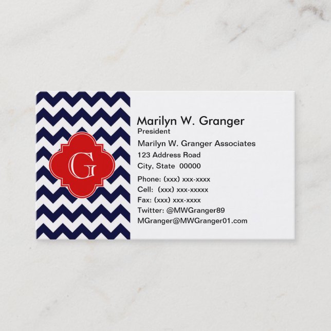 Monogramm Navy White Zickzack Red Quatrefoil Visitenkarte (Vorderseite)