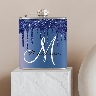 Monogramm Navyblauer Glittertropfen Flachmann