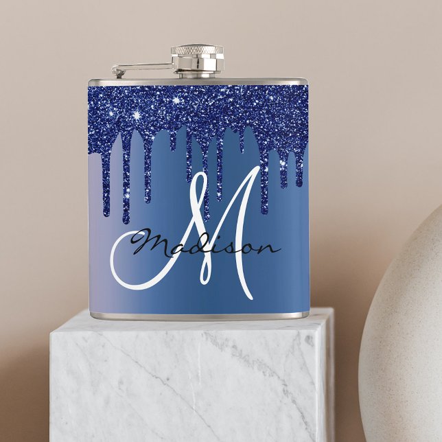 Monogramm Navyblauer Glittertropfen Flachmann (Von Creator hochgeladen)