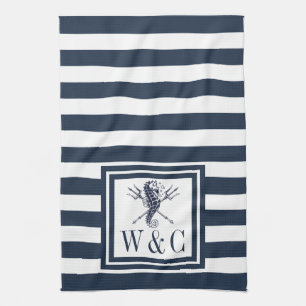 Monogramm Navyblauer Streifen-Seepferdchen-Marine Geschirrtuch