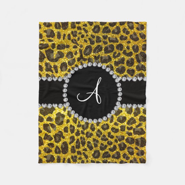 Monogramm Neongelber Glitzer Leopard Fleecedecke (Vorderseite)