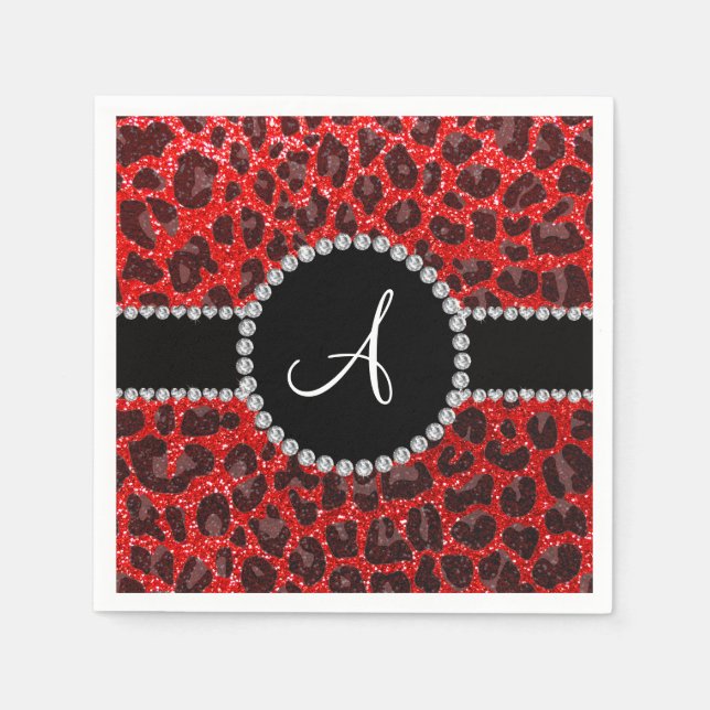 Monogramm Neonroter Glitzer Leopard Serviette (Vorderseite)