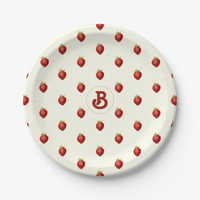 Monogramm niedlich Girly Red White Strawberry Name Pappteller (Vorderseite)