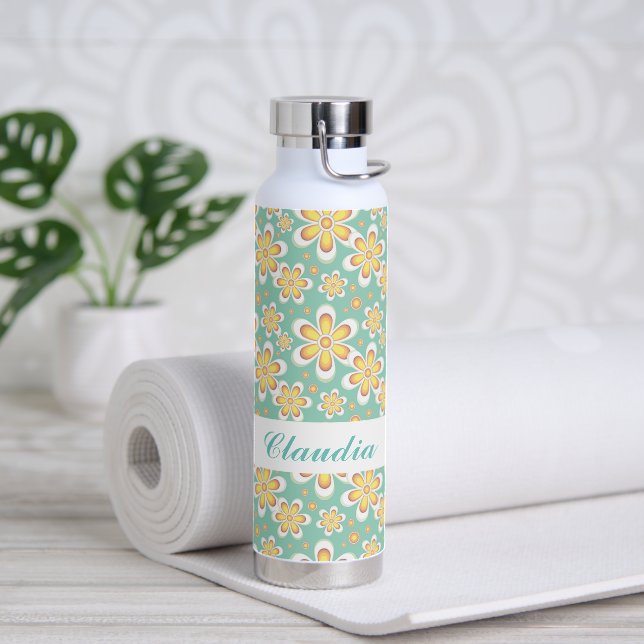 Monogramm niedlich orangefarbene Blume auf grün Trinkflasche (Yoga)