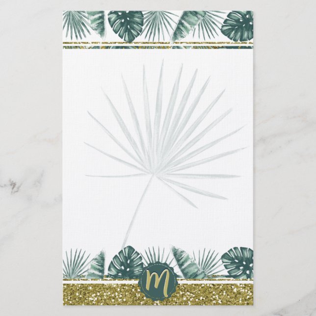 Monogramm niedliche tropische wasserfarbige Blätte Briefpapier (Vorderseite)