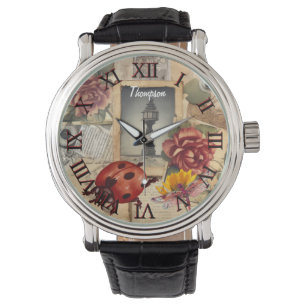 Monogramm niedlicher roter Ladybug Rustikales Vint Armbanduhr