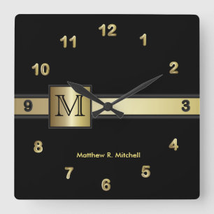 Monogramm-nobles Schwarzes und GoldFührungskraft Quadratische Wanduhr